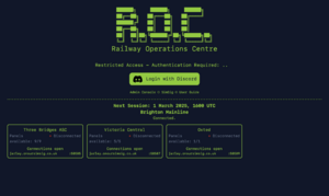 A dark grey screen with lime green text on it. R.O.C. is spelt out in ASCII art, with Railway Operations Centre underneath it. Below are details of the next SimSig Session, and beneath that four boxes with rounded edges. Each box contains the details of an individual simulation, including its name, connection details, available panels and whether the Sim is communicating with ROC or not.