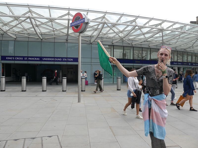 File:Jarley at King's Cross with a green flag.jpg